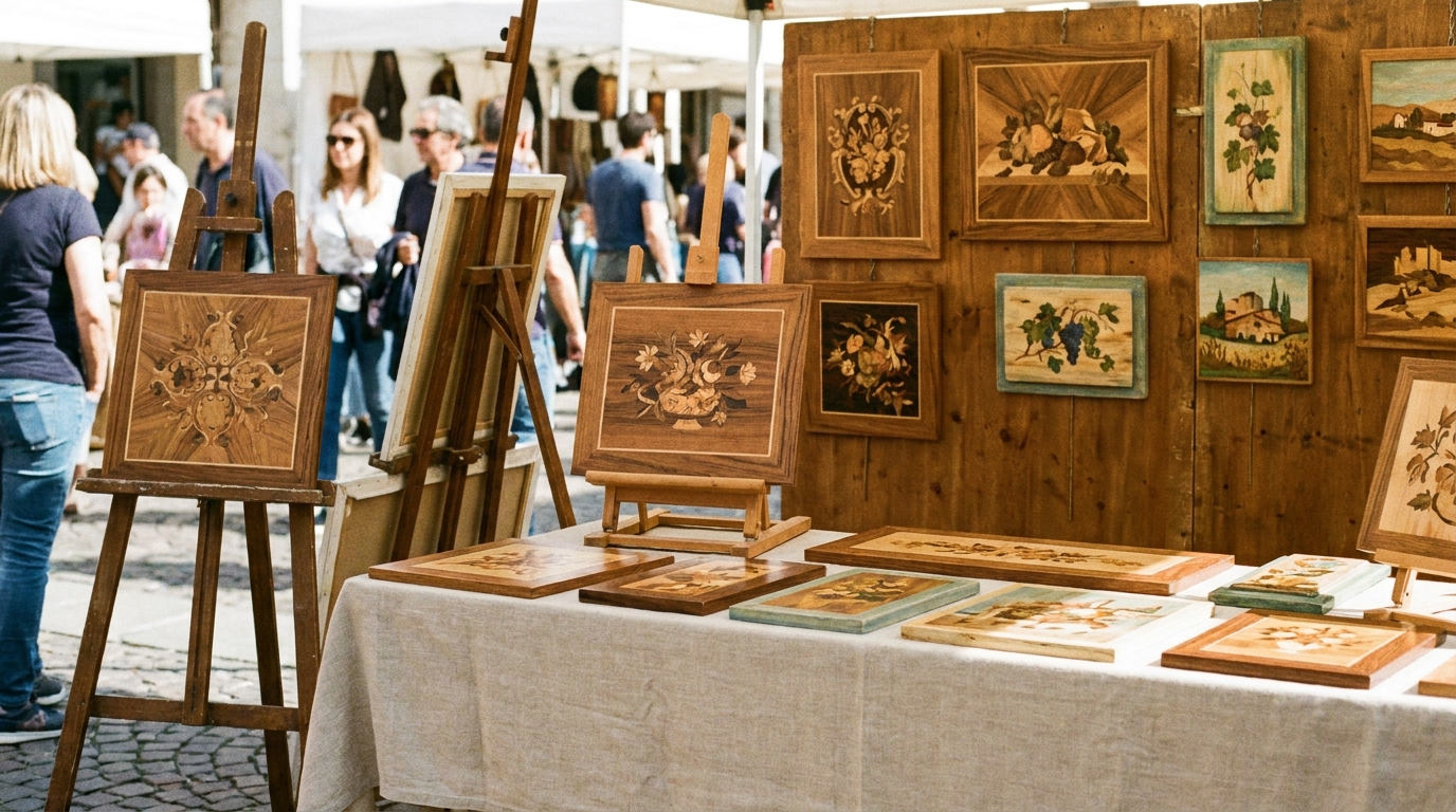 Banco espositivo a una fiera dell’artigianato con quadri in legno