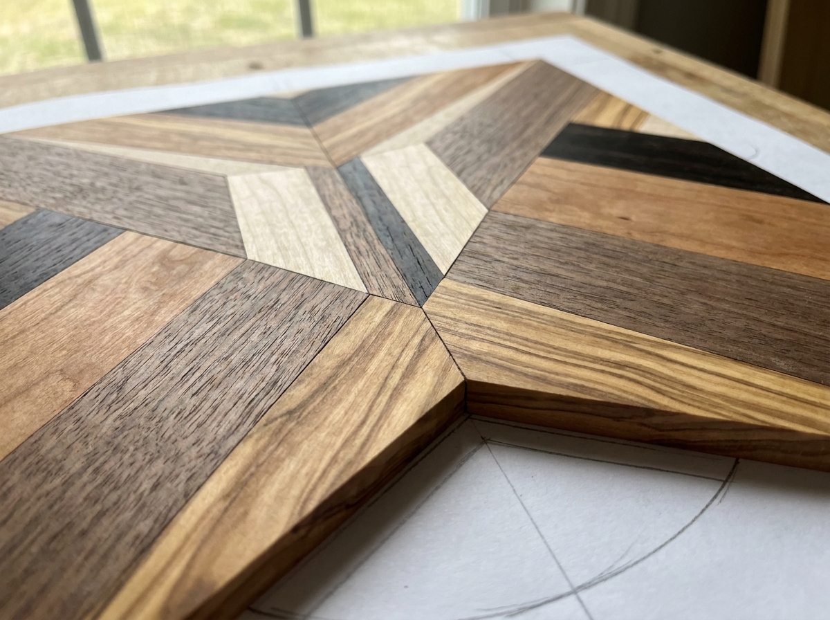 Tasselli di legno di essenze diverse incastrati a comporre un disegno