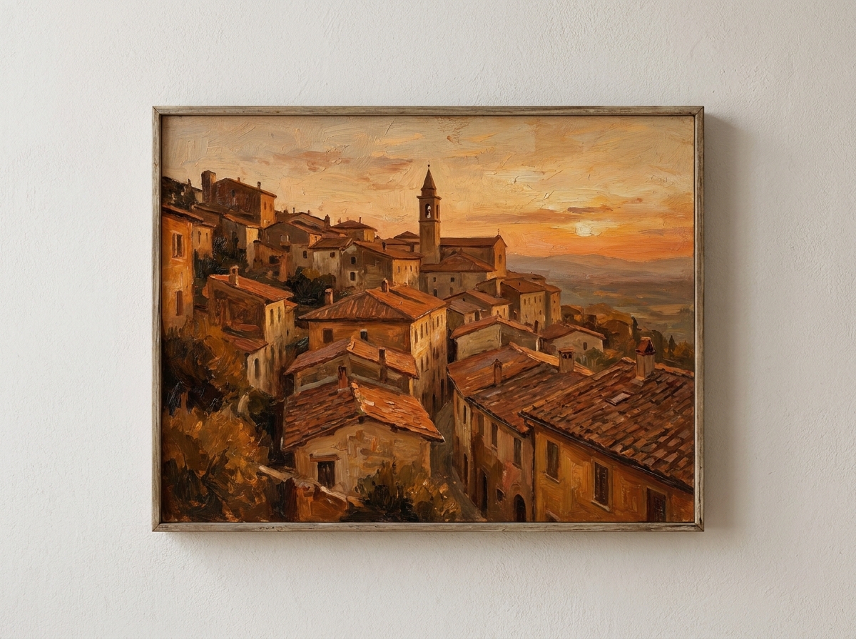 Dipinto su tavola con borgo di collina al tramonto
