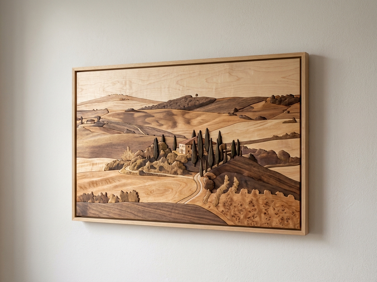 Quadro a intarsio con paesaggio di colline, casale e cipressi
