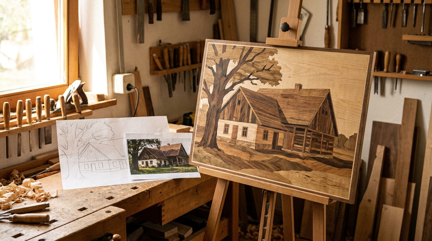 Quadro a intarsio su misura su un cavalletto accanto al disegno preparatorio
